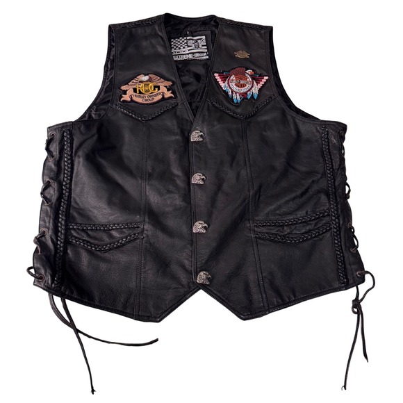 Harley Vintage Biker Leather Vest Motorcycle Patches Embellished Biker-core 48 - Picture 1 of 11